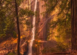 Skała, Wodospad, Vernal Fall, Drzewa, Sosny, Park Narodowy Yosemite, Kalifornia, Stany Zjednoczone