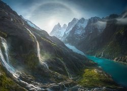 Chile, Patagonia, Fiord Las Mountains, Lodowiec, Bernal glacier, Góry, Dolina, Wodospady