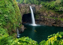 Hawaje, Wodospad Rainbow, Park Wailuku River, Skały, Zarośla, Rośliny, Rzeka