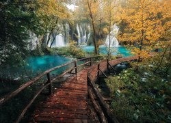 Chorwacja, Plitvice, Park Narodowy Jezior Plitwickich, Wodospady, Drzewa, Jesień, Kładka, Pomost