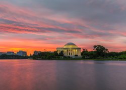 Panteon, Pomnik Jeffersona, Jefferson Memorial, Wschód słońca, Jezioro, Zbiornik Tidal Basin, Waszyngton, Stany Zjednoczone