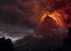 Wulkan z wypływającą lawą w grafice paintography