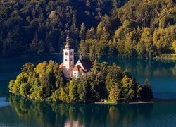 Wysepka z kościołem na jeziorze Bled w Słowenii