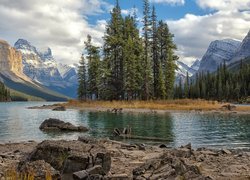 Góry, Jezioro, Maligne Lake, Drzewa, Skały, Park Narodowy Jasper, Alberta, Kanada