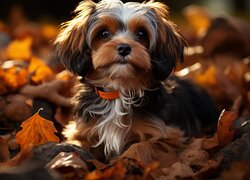 Yorkshire terrier na rozświetlonych jesiennych liściach