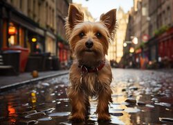 Yorkshire terrier stojący w ulicznej kałuży
