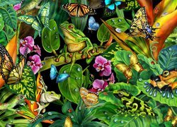Żaby i motyle na roślinach w grafice 2D