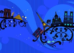 Grafika, Paryż, Zabytki, Wieża Eiffla, Niebieskie tło