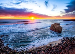 Stany Zjednoczone, Stan Kalifornia, San Diego, Morze, Zachód słońca, Kamienie