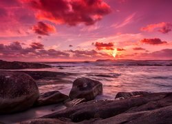 Zachód słońca, Chmury, Czerwone, Niebo, Morze, Skały, Park Narodowy William Bay, Greens Pool, Australia