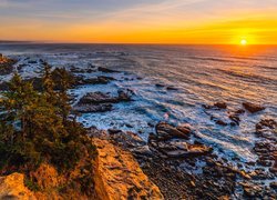 Stany Zjednoczone, Oregon, Park stanowy Cape Arago, Morze, Skały, Zachód słońca