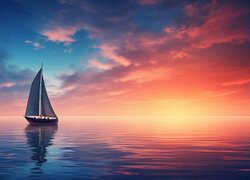 Żaglówka na morzu o zachodzie słońca w grafice