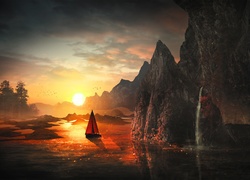 Żaglówka na wodzie obok skał w blasku zachodzącego słońca