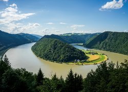 Góry, Drzewa, Zakole, Rzeka Dunaj, Haibach ob der Donau, Austria