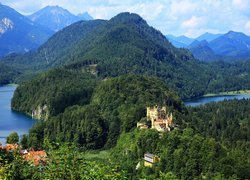 Lasy, Drzewa, Góry, Jezioro Alpsee, Jezioro Schwan, Zamek Hohenschwangau, Bawaria, Niemcy