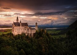 Zamek Neuschwanstein, Skały, Drzewa, Chmury, Niemcy, Bawaria