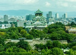 Zamek Osaka, Osaka-jo, Brokatowy zamek, Domy, Mur, Drzewa, Osaka, Japonia