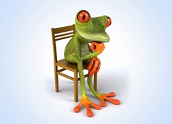 Zamyślona żaba siedzi na krześle