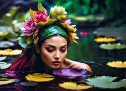 Zanurzona w wodzie kobieta z liliami wodnymi na głowie