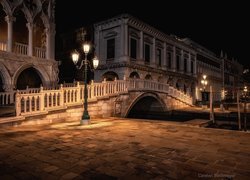 Włochy, Wenecja, Most, Noc, Latarnie, Plac San Marco