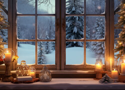 Boże Narodzenie, Okno, Choinki, Świece, Zima