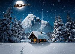Mikołaj, Zaprzęg, Sanie, Renifery, Księżyc, Dom, Góry, Drzewa, Świerki, Śnieg, Zima, Grafika
