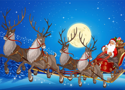 Mikołaj, Sanie, Renifery, Śnieg, Grafika 2D