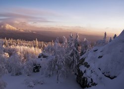 Góry, Skały, Drzewa, Zima, Park Narodowy Taganaj, Obwód czelabiński, Rosja
