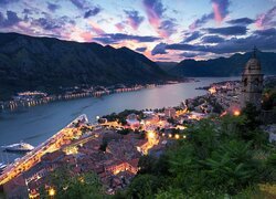 Góry, Stare Miasto, Kotor, Domy, Światła, Zatoka Kotorska, Czarnogóra