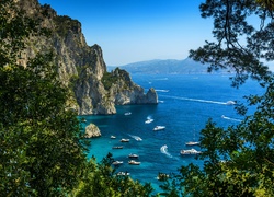 Zatoka pośród skał i drzew z łódkami i motorówkami na Capri