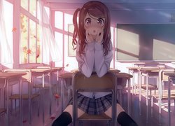Zdziwiona, Dziewczyna, Uczennica, Szkoła, Klasa, Ławki, Krzesła, Tablica, Manga Anime