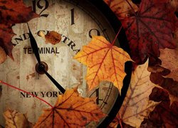 Zegar w jesiennych liściach