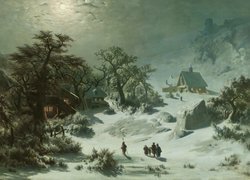 Obraz, Malarstwo, Adolf Kosarek, Zima, Śnieg, Domy, Postacie, Drzewa