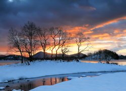 Zima, Drzewa, Jezioro, Lake Hibara, Park Narodowy Bandai Asahi, Góry, Fukushima, Japonia