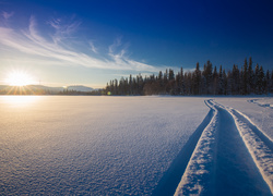 Finlandia, Ruka, Zima, Pole, Wschód słońca, Las
