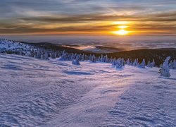 Zima, Góry, Sudety Wschodnie, Pasmo Jesioniki, Wschód słońca, Czechy