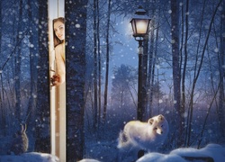 Zimowa grafika fantasy z wilkiem i zajączkiem oraz kobietą w drzwiach