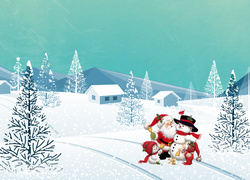 Zimowy krajobraz z Mikołajem i bałwanem w grafice 2D