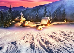 Zimowy krajobraz z oświetlonymi domkami w górskim lesie o zmierzchu