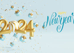 2024, Napis, Happy New YEAR, Niebieskie, Tło