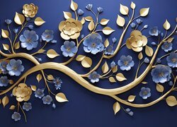 Złote i niebieskie kwiatuszki na złotej gałązce