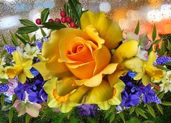 Żółta róża pośród różnorodnych kwiatów