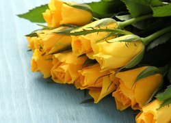 Żółte róże na deskach