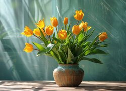 Kwiaty, Tulipany, Żółte, Wazon, Przebijające światło