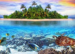 Żółw i ryby w morzu na tle wyspy