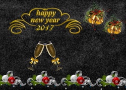 Życzenia noworoczne 2017 z szampanem i ozdobami choinkowymi
