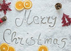 Napis, Życzenia, Merry Christmas, Choinka, Plastry, Pomarańczy, Gwiazda