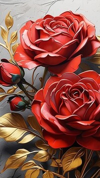 Czerwone róże ze złotymi liśćmi