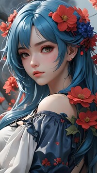 Dziewczyna z kwiatami w długich niebieskich włosach