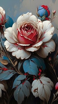Kwiat róży z pąkami i kolorowymi liśćmi